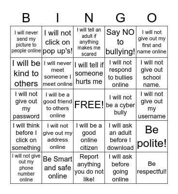Internet Safety Bingo Card