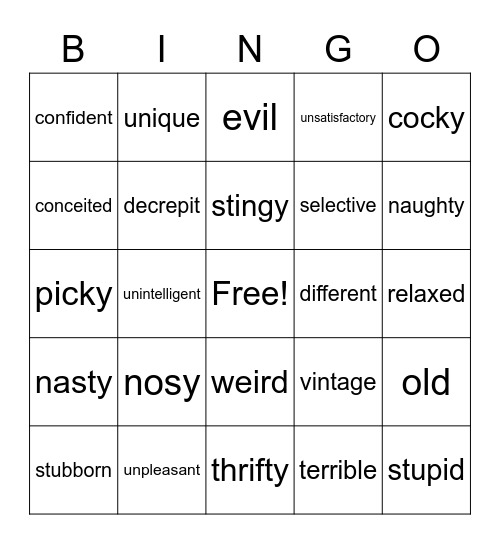 Words w/ Connotation Bingo Card