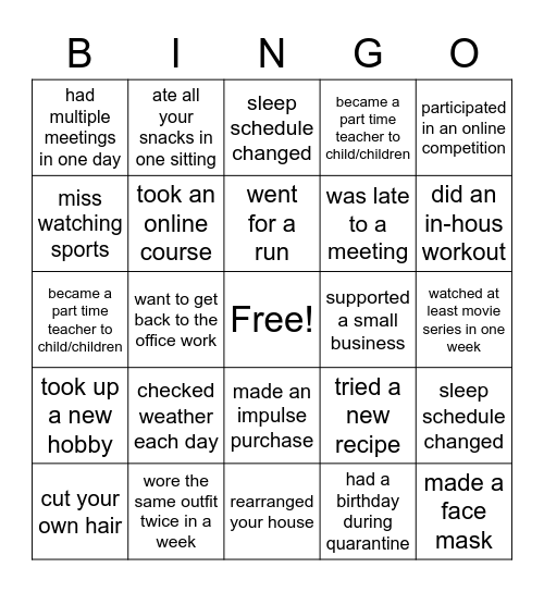 Work From Home Bingo Card