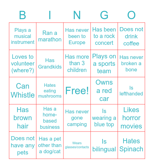 Regional Bingo Card