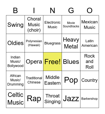 Music Genre Bingo Card