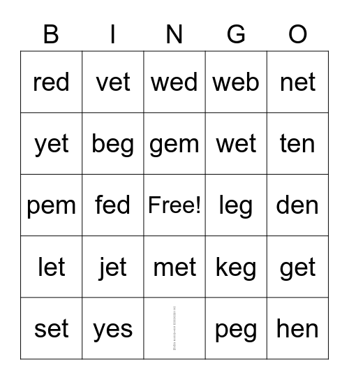 CVC short E BINGO Card