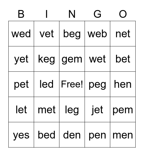 CVC Short E Bingo 2 Bingo Card