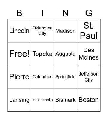 Midwest States and Capitals Bingo Card