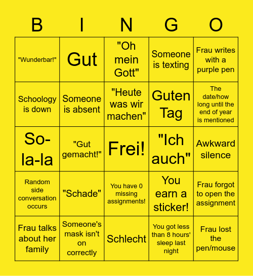 German Class Bingo Card