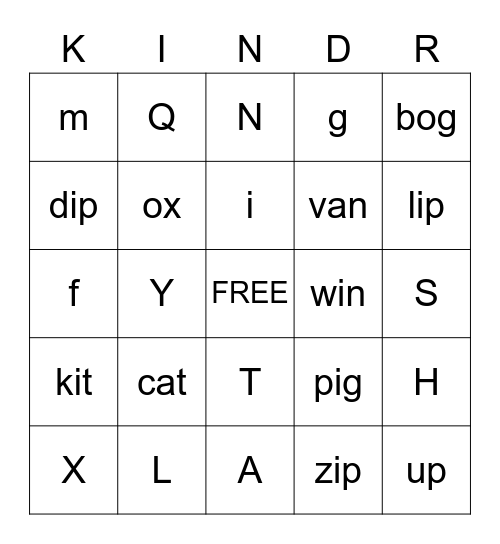 K Letter Bingo Card