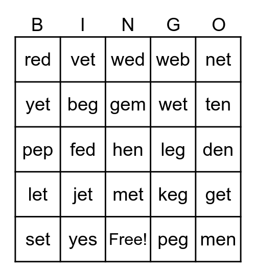BINGO w/ CVC short E words Bingo Card