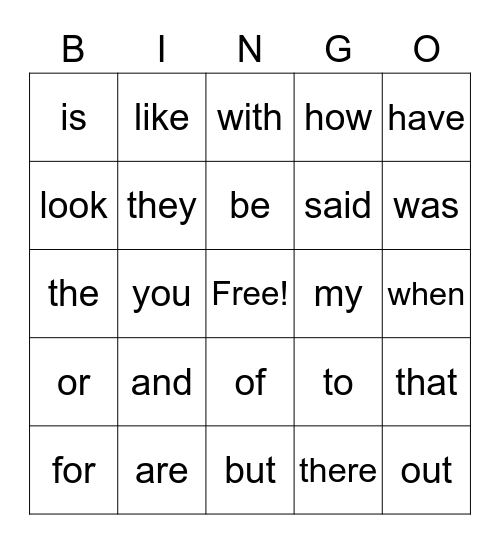 Sight Word BINGO Card