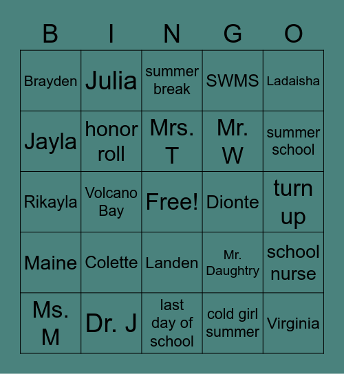 Free Time Bingo Card