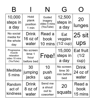 Staff Wellness Bingo Week #2 Bingo Card