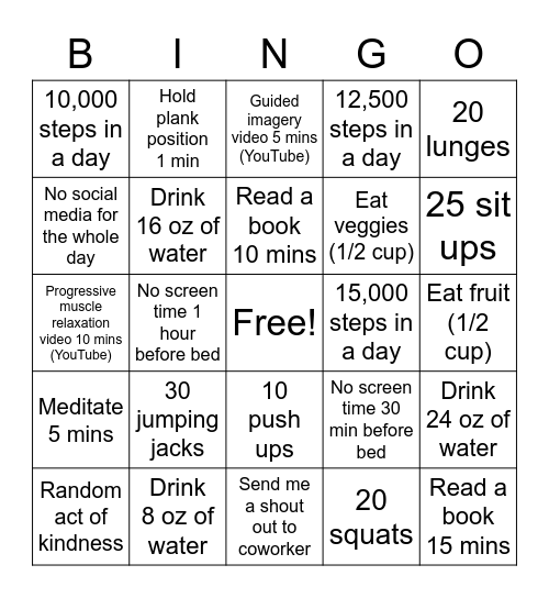 Staff Wellness Bingo Week #2 Bingo Card