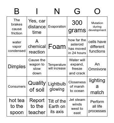 5th grade science Bingo Card