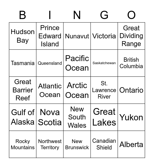 Australia & Canada Maps Bingo Card