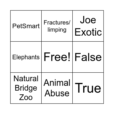 Animal Abuse Bingo Card