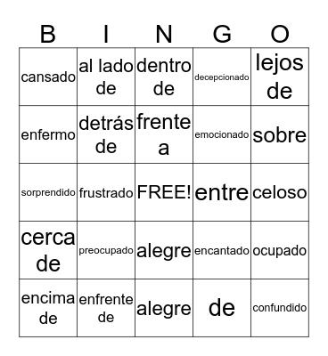 Spanish Prepositions & Adjectives Bingo Card