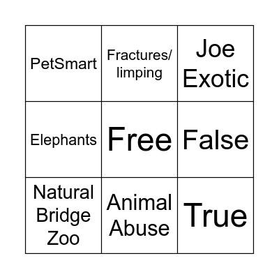 Animal Abuse Bingo Card