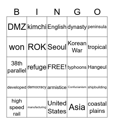 South Korea  Bingo Card
