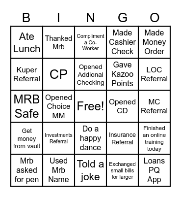 Wednesday Bingo 10am and later Bingo Card