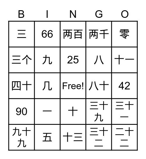 Chinese Numbers Bingo Card