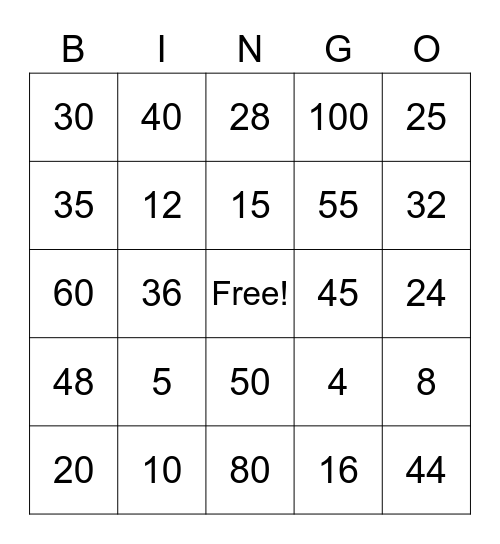 Multiplication 4s and 5s Bingo Card