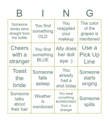 Vino To Vows (Ally's Bachelorette) Bingo Card