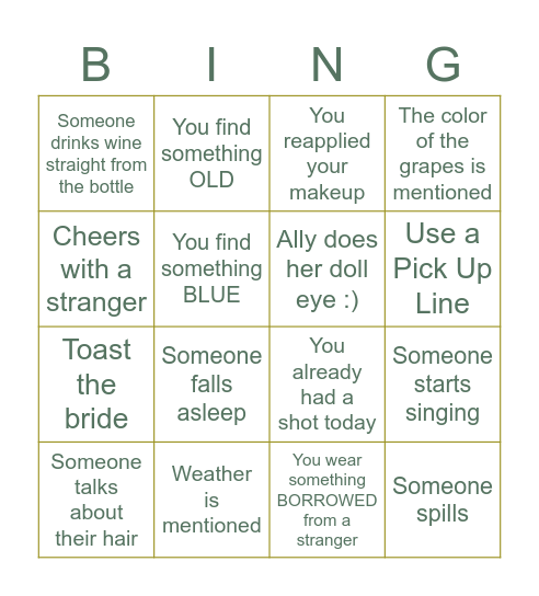 Vino To Vows (Ally's Bachelorette) Bingo Card