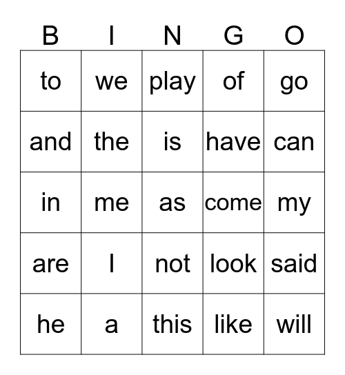 Sight Word 1 Bingo Card