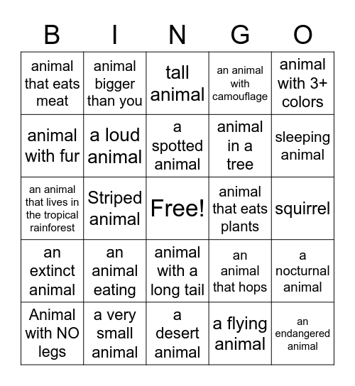 Zoo Trip Bingo Card