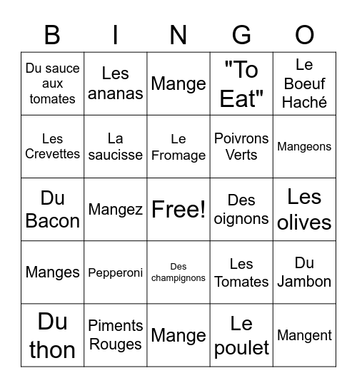 Les Garnitures de Pizza ET "ER" Verb "Manger" Bingo Card