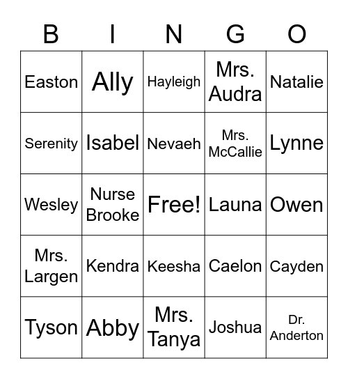 Mrs. McCallie's Class 2020-2021 Bingo Card