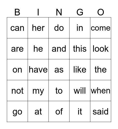 Sight Word 1 Bingo Card
