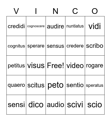 Head Verbs Bingo Card