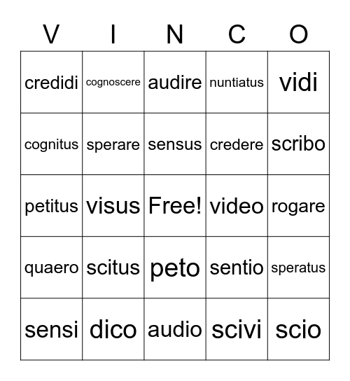 Head Verbs Bingo Card