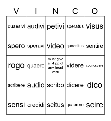 Head Verbs Bingo Card