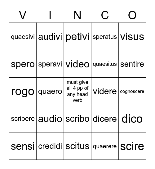 Head Verbs Bingo Card