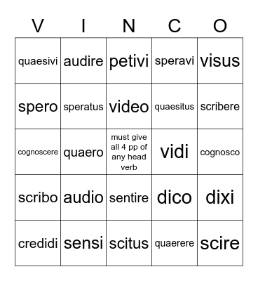 Head Verbs Bingo Card
