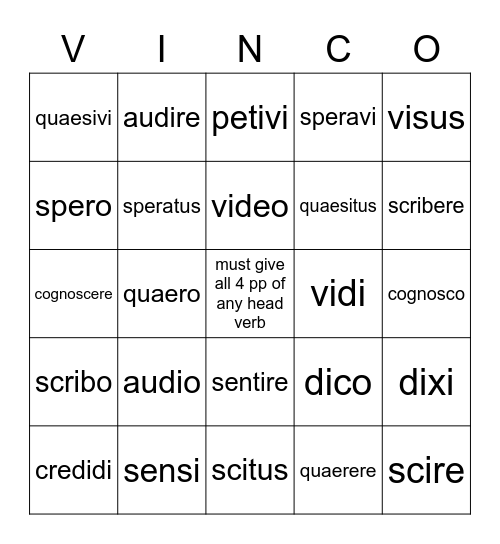 Head Verbs Bingo Card
