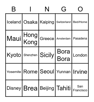 Travel Around the World Bingo Card