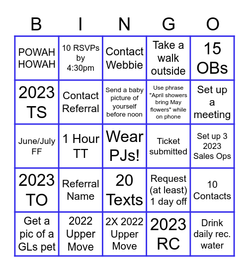Pajama Day Bingo Card