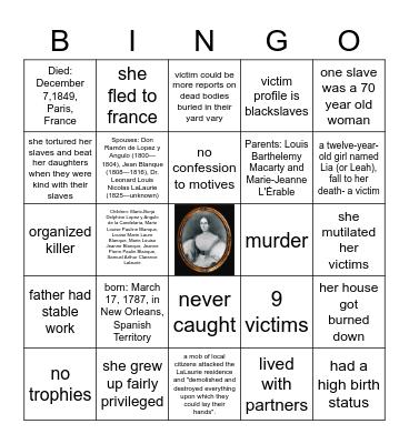 Delphine Lalaurie Bingo Card