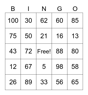 Number Bingo Card