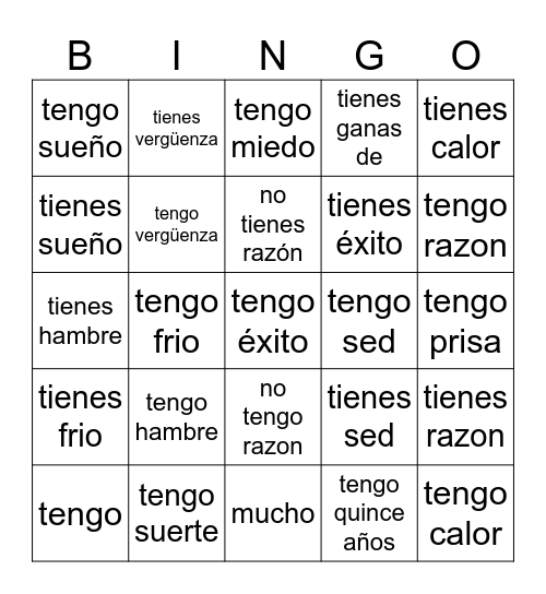 Tener Expressions Bingo Card