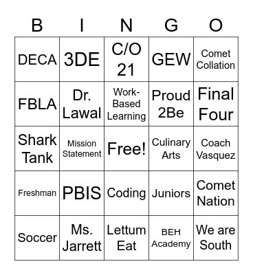 SGHS Bingo Card