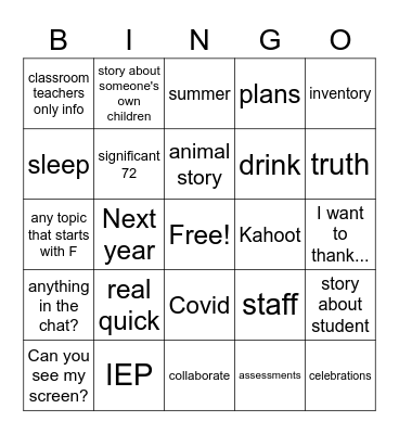 Staff Meeting Bingo Card
