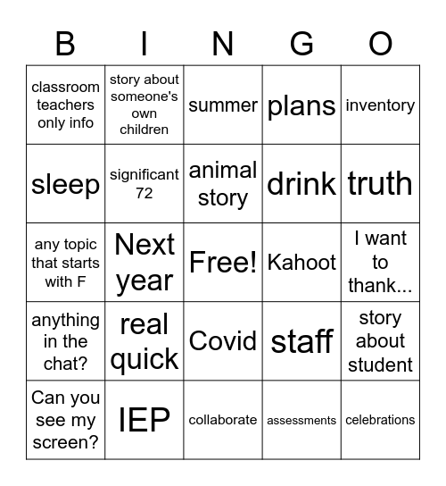 Staff Meeting Bingo Card