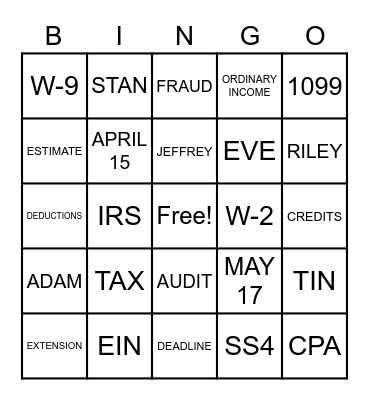 Tax BINGO Card