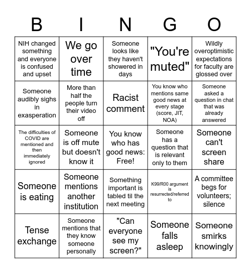 Faculty Meeting Bingo Card