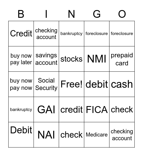 Debit and Credit Bingo Card