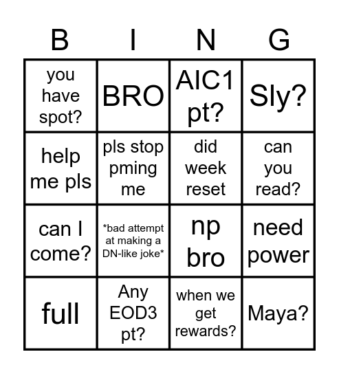 The DG Spam event Bingo Card