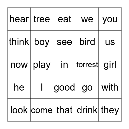 Vocabulary Lesson 1 Bingo Card